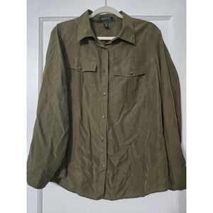 Lauren Ralph Lauren 100% Silk Blouse Shirt Button Down Olive Womens Size 1X